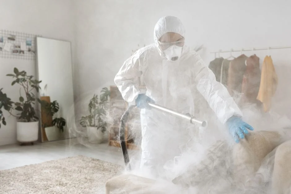 Une personne équipée de protections désinfecte une applique murale afin de limiter la propagation des virus.