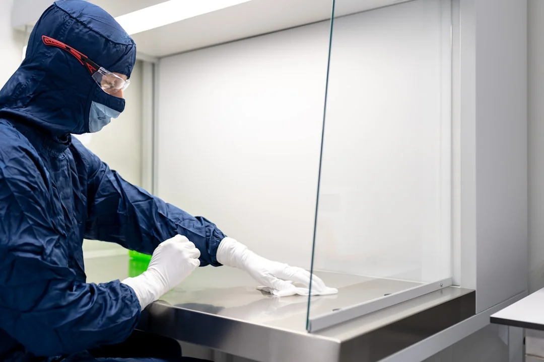 A person wearing protective equipment is standing in a modern kitchen during daylight.